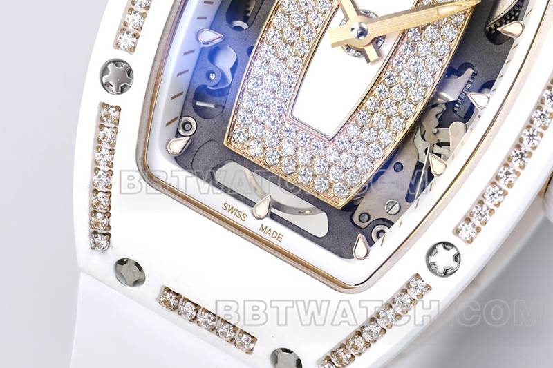 理查德米勒1:1复刻手表ZF厂白陶瓷白盘镶钻机械手表RM07-1正面实拍图