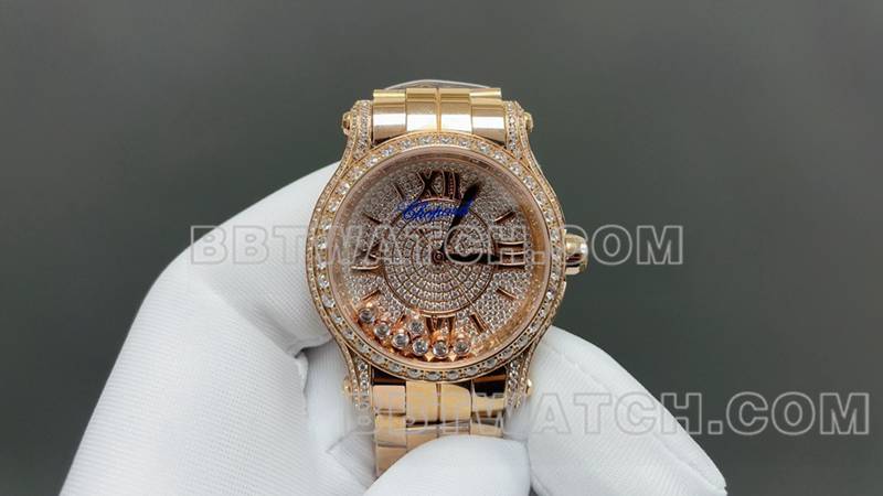 萧邦1:1复刻手表YF厂快乐钻金色满天星2892机械机芯钢带款正面实拍图