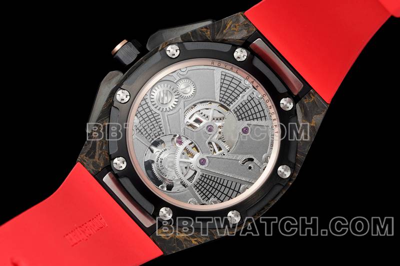 爱彼最佳复刻手表RM厂皇家橡树离岸型浮动陀飞轮机械红色橡胶款背面实拍图