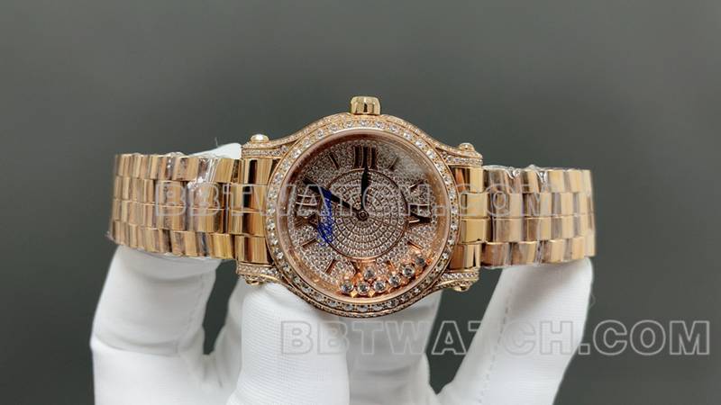 萧邦1:1复刻手表YF厂快乐钻金色满天星2892机械机芯钢带款正面实拍图