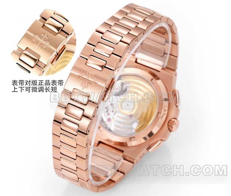 运动优雅1:1复刻手表P1厂百达翡丽蓝盘玫瑰金机械钢带款5990表带实拍图