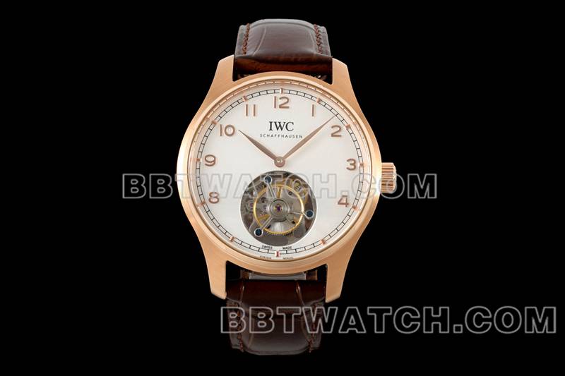 万国最优复刻手表RMS厂葡萄牙白盘玫瑰金陀飞轮机械皮带款正面实拍图