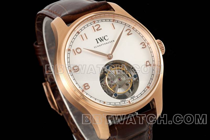 万国最优复刻手表RMS厂葡萄牙白盘玫瑰金陀飞轮机械皮带款正面实拍图