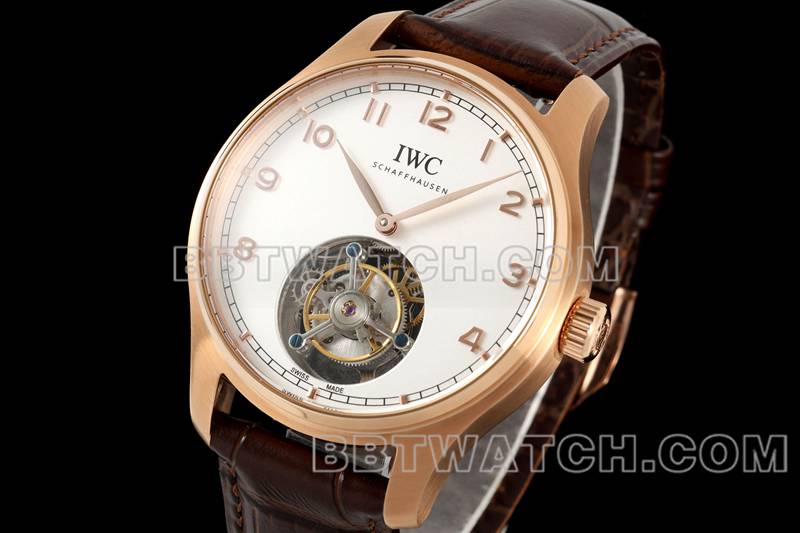 万国最优复刻手表RMS厂葡萄牙白盘玫瑰金陀飞轮机械皮带款正面实拍图