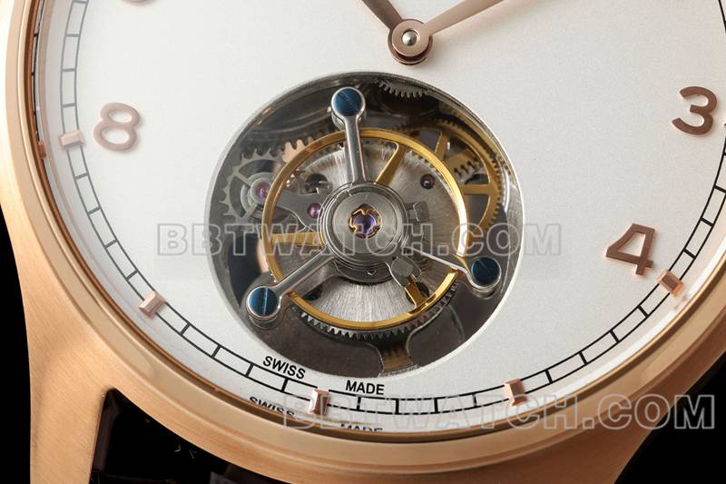 万国最优复刻手表RMS厂葡萄牙白盘玫瑰金陀飞轮机械皮带款正面实拍图