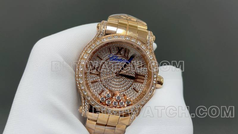 萧邦1:1复刻手表YF厂快乐钻金色满天星2892机械机芯钢带款正面实拍图