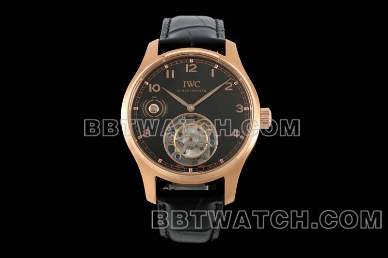 万国1:1复刻手表RMS厂葡萄牙黑盘玫瑰金陀飞轮机械皮带款正面实拍图