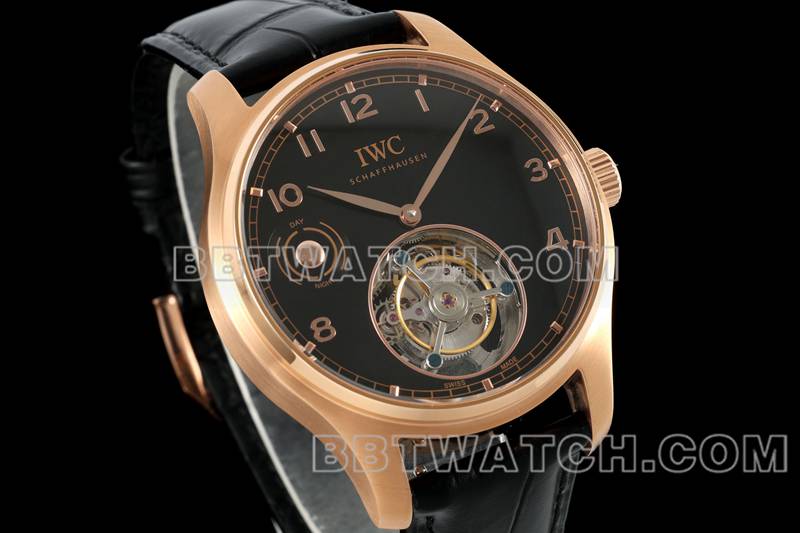 万国1:1复刻手表RMS厂葡萄牙黑盘玫瑰金陀飞轮机械皮带款正面实拍图