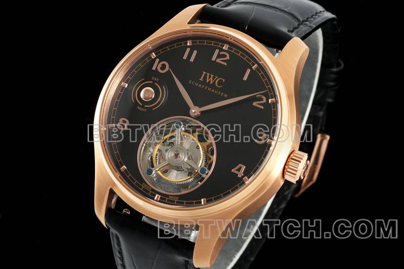 万国1:1复刻手表RMS厂葡萄牙黑盘玫瑰金陀飞轮机械皮带款正面实拍图