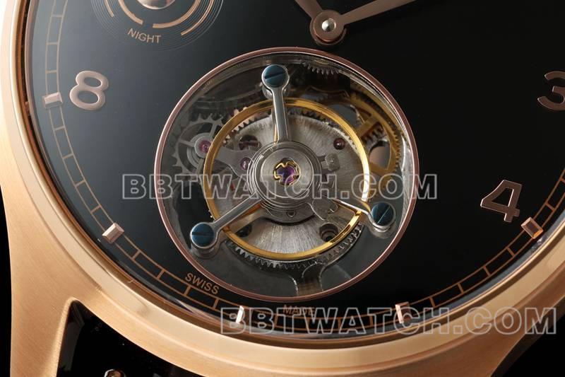 万国1:1复刻手表RMS厂葡萄牙黑盘玫瑰金陀飞轮机械皮带款正面实拍图