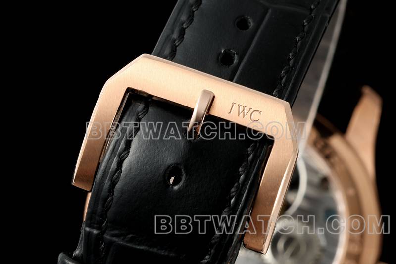 万国1:1复刻手表RMS厂葡萄牙黑盘玫瑰金陀飞轮机械皮带款表带实拍图