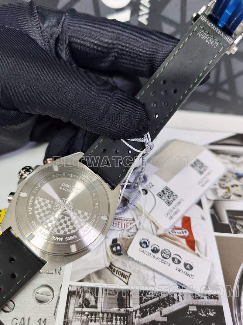 泰格豪雅1:1复刻手表F1绿盘44mm计时机械皮带款背面实拍图
