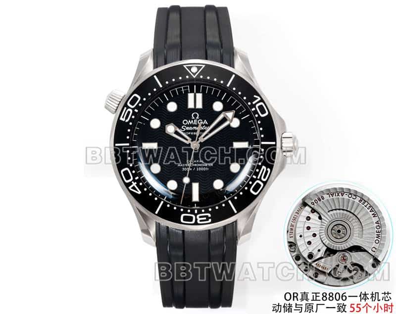 欧米茄顶级复刻手表OR厂海马300米黑盘机械黑色橡胶款正面实拍图