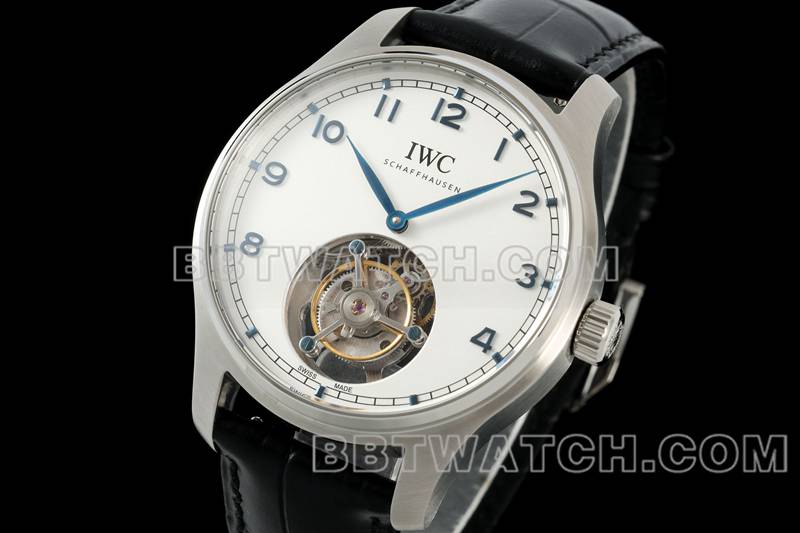 万国超级克隆手表RMS厂葡萄牙白盘陀飞轮机械皮带款正面实拍图