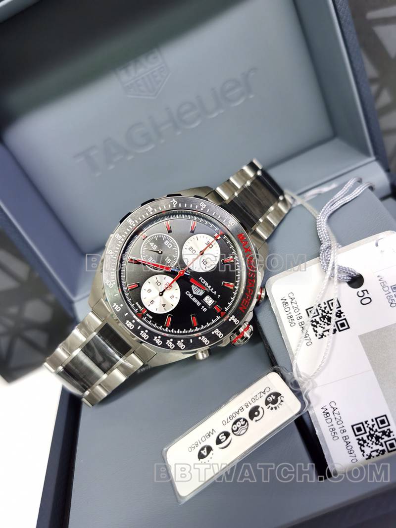 泰格豪雅超级克隆手表F1计时44mm黑盘机械钢带款正面实拍图