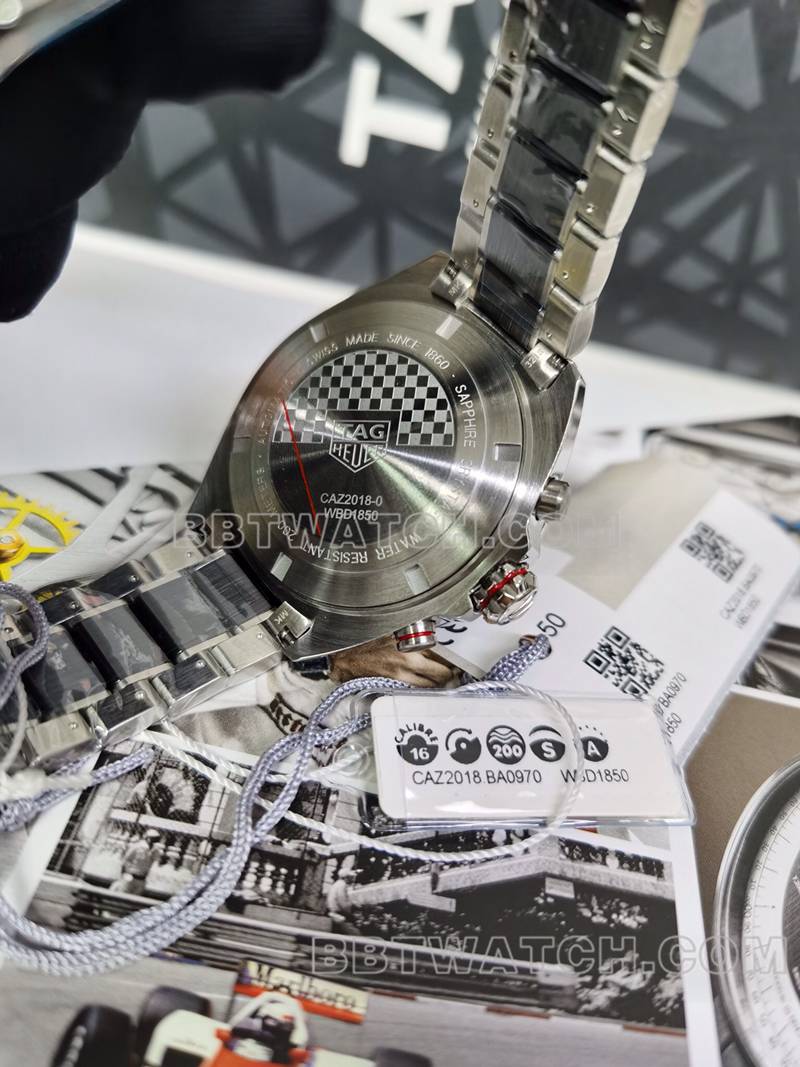 泰格豪雅超级克隆手表F1计时44mm黑盘机械钢带款背面实拍图