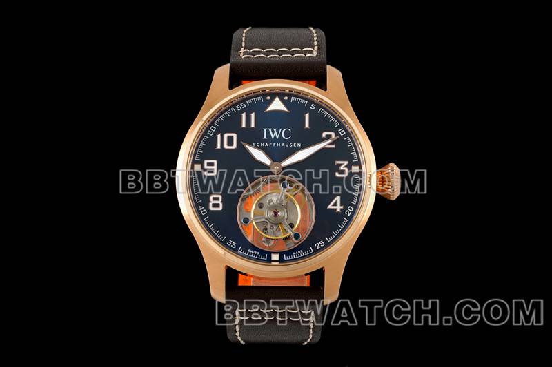 万国顶级复刻手表RMS厂飞行员蓝盘玫瑰金陀飞轮机械皮带款正面实拍图