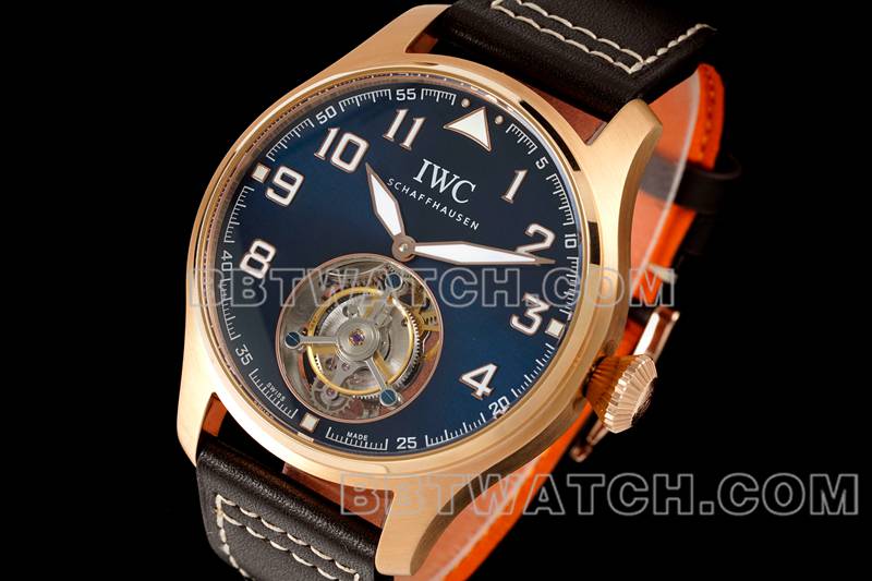 万国顶级复刻手表RMS厂飞行员蓝盘玫瑰金陀飞轮机械皮带款正面实拍图