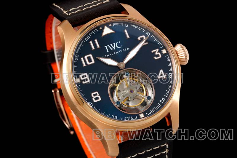 万国顶级复刻手表RMS厂飞行员蓝盘玫瑰金陀飞轮机械皮带款正面实拍图