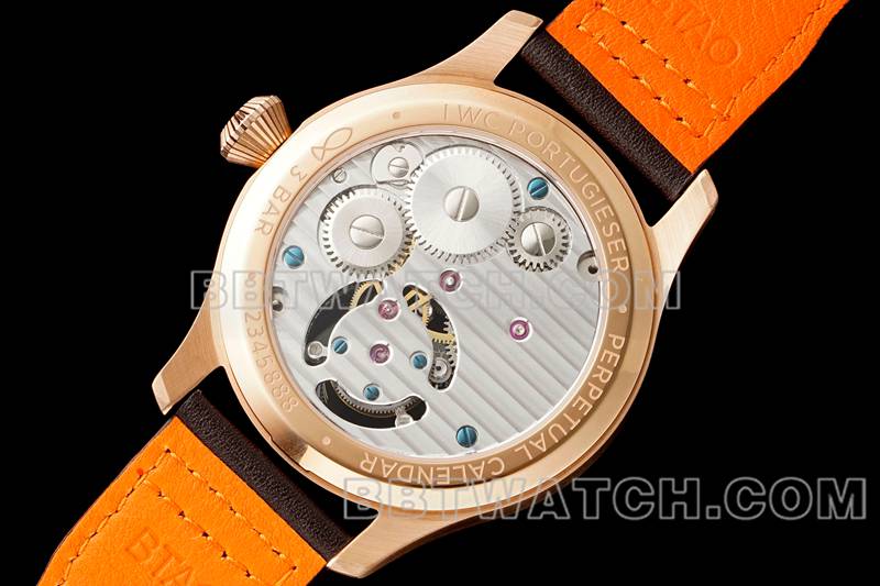 万国顶级复刻手表RMS厂飞行员蓝盘玫瑰金陀飞轮机械皮带款背面实拍图