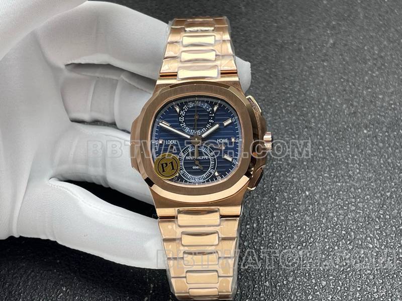 Patek Philippe Super Clone Watch Sport Elegantes Blaues Zifferblatt Mechanisch Rose Gold Stahlband Modell 5990 Vorderansicht