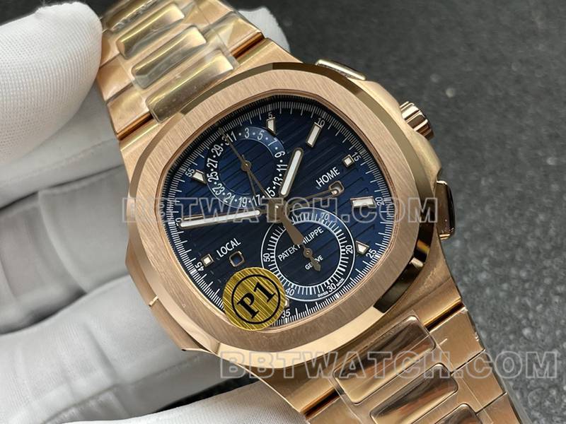 Patek Philippe Super Clone Watch Sport Elegantes Blaues Zifferblatt Mechanisch Rose Gold Stahlband Modell 5990 Vorderansicht