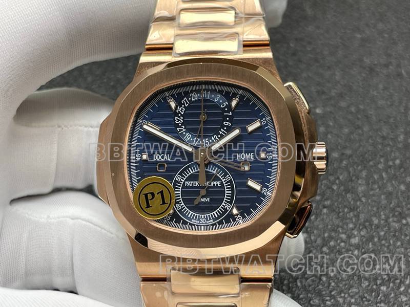 Patek Philippe Super Clone Watch Sport Elegantes Blaues Zifferblatt Mechanisch Rose Gold Stahlband Modell 5990 Vorderansicht