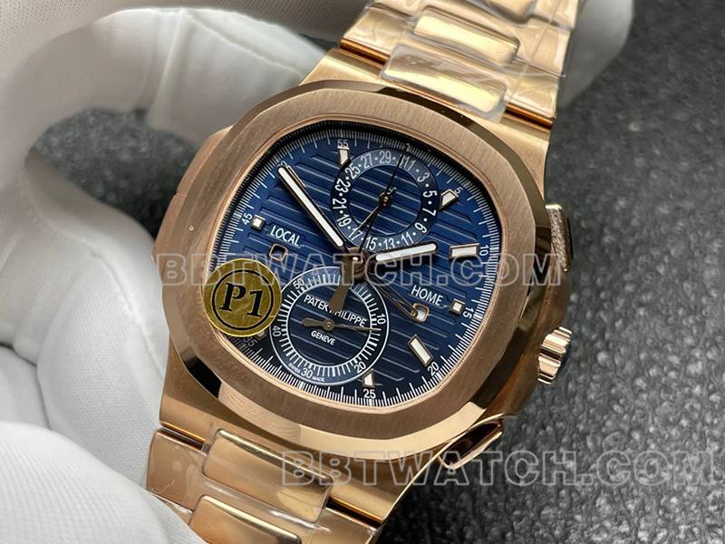 Patek Philippe Super Clone Watch Sport Elegantes Blaues Zifferblatt Mechanisch Rose Gold Stahlband Modell 5990 Vorderansicht