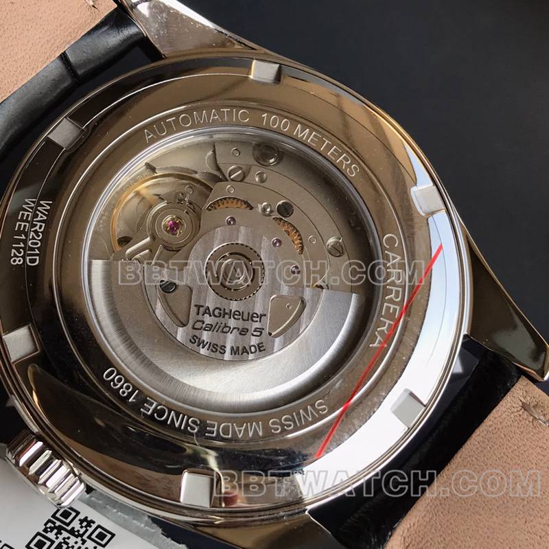 泰格豪雅最佳复刻手表卡莱拉白盘金针双日历机械皮带款背面实拍图