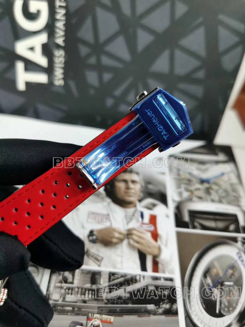 泰格豪雅1:1复刻手表卡莱拉黑盘43mm机械皮带款表扣实拍图