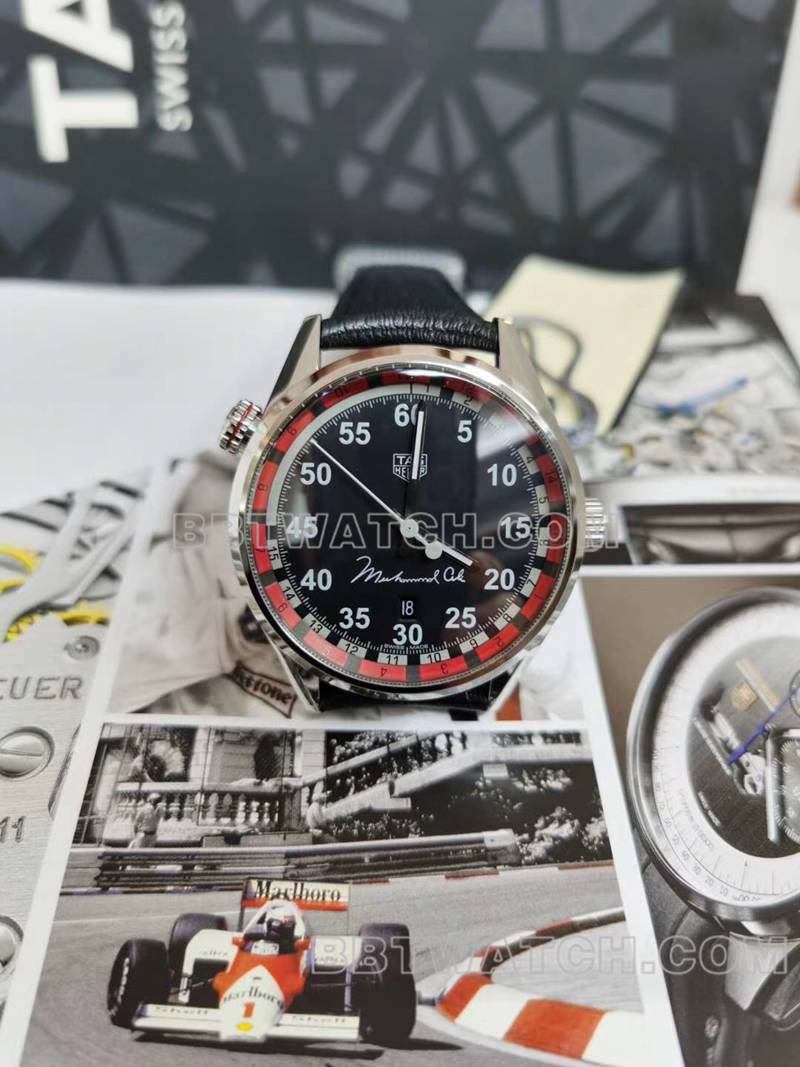 泰格豪雅最优复刻手表卡莱拉红黑盘43mm机械皮带款正面实拍图