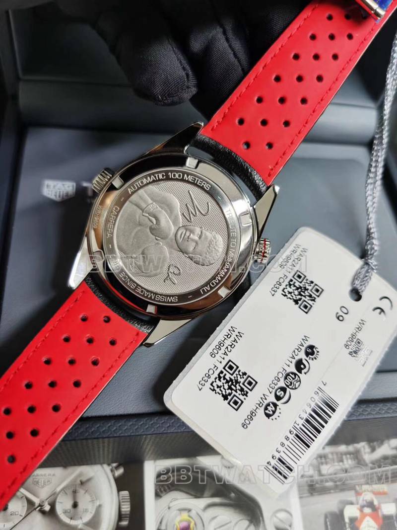 泰格豪雅最优复刻手表卡莱拉红黑盘43mm机械皮带款背面实拍图