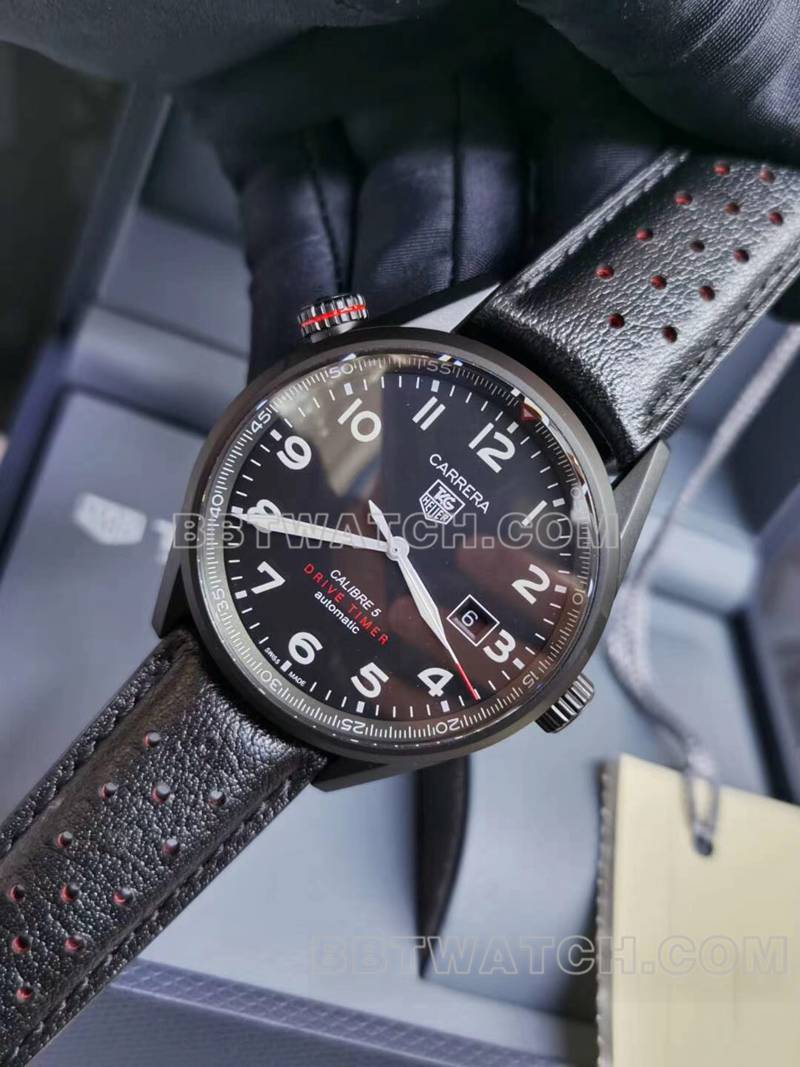 泰格豪雅超级克隆手表卡莱拉黑盘黑壳43mm机械皮带款正面实拍图