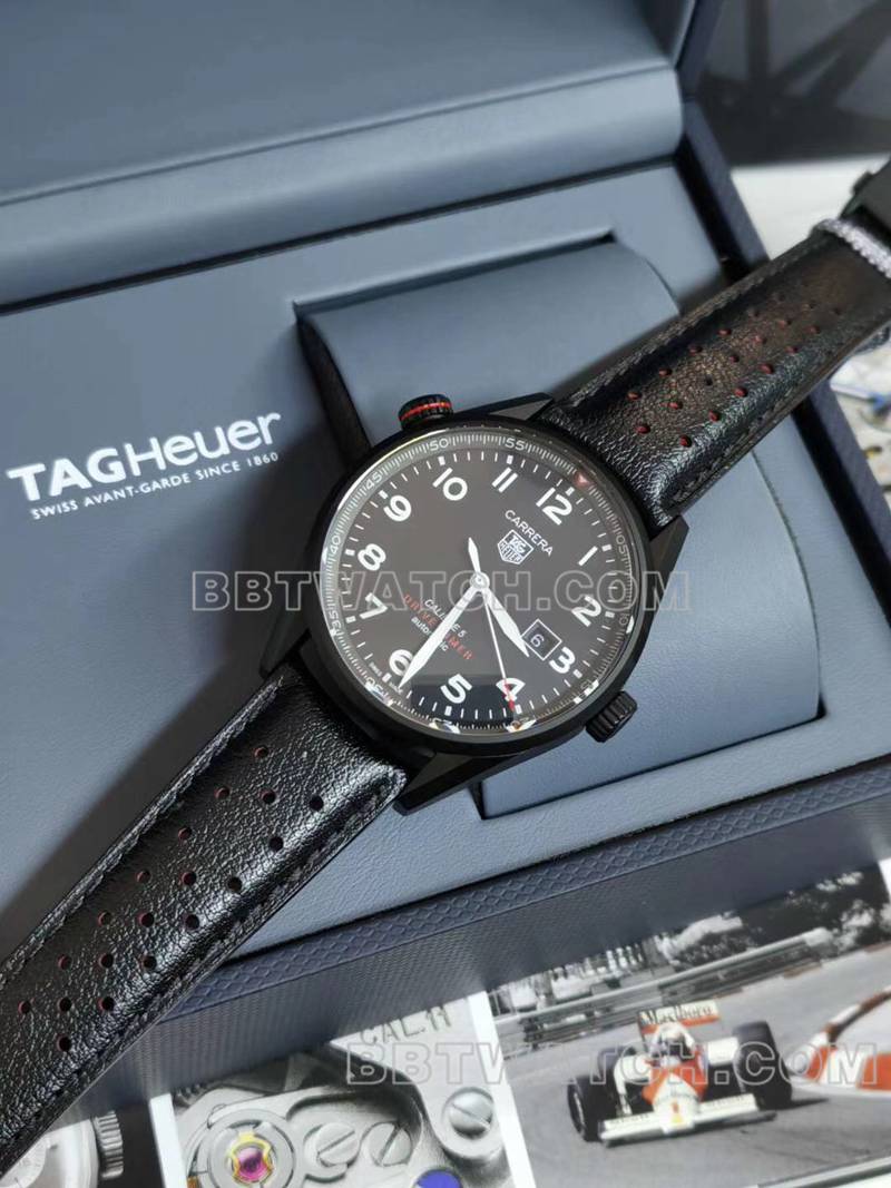 泰格豪雅超级克隆手表卡莱拉黑盘黑壳43mm机械皮带款正面实拍图