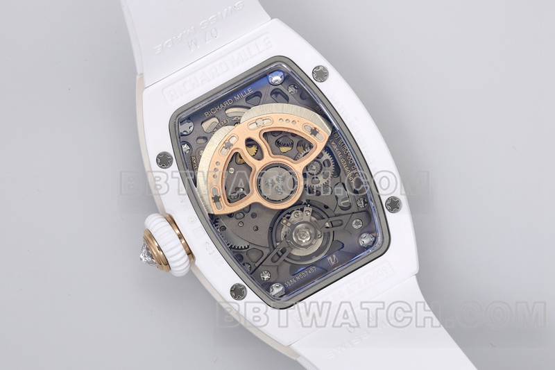 Richard Mille Super Clone Watch ZF Factory White Ceramic Red Plate Diamonds Mechanical Watch RM07-1 Back Actual Picture