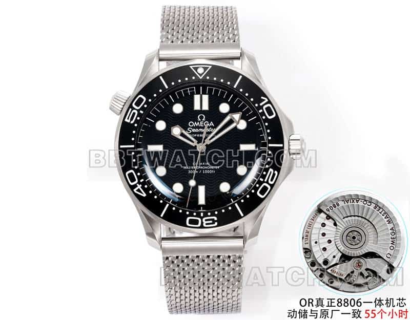 欧米茄1:1复刻手表OR厂海马300米黑盘机械钢带款正面实拍图