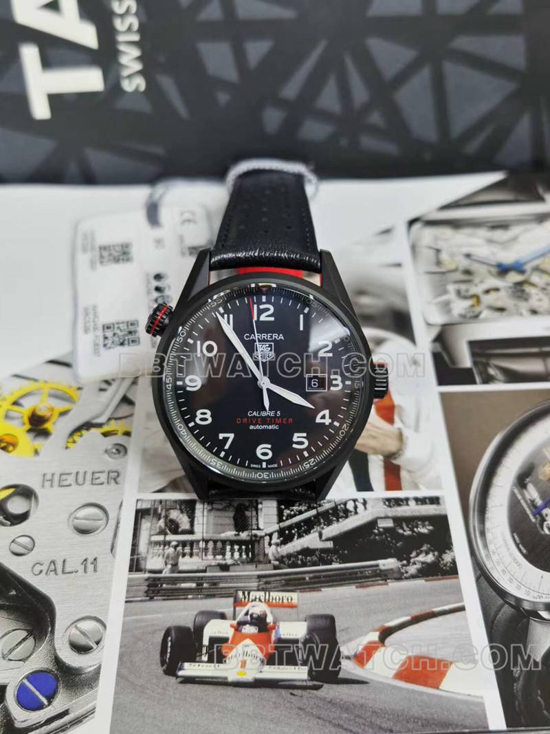 泰格豪雅超级克隆手表卡莱拉黑盘黑壳43mm机械皮带款正面实拍图