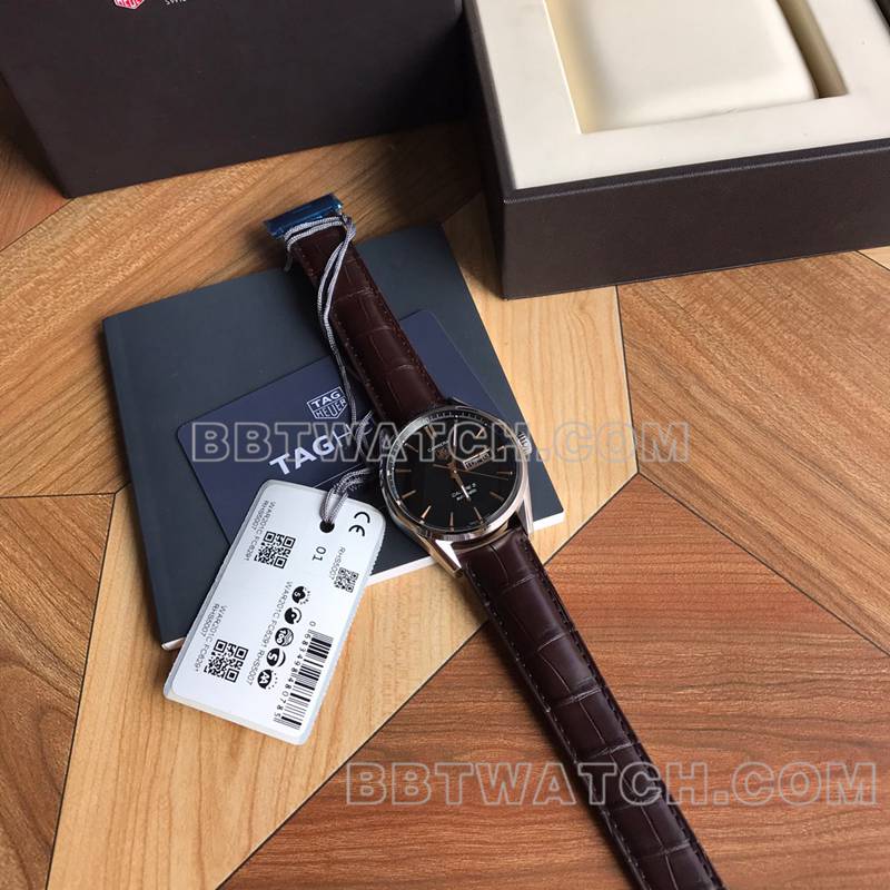 Tag Heuer top replica watches original Carrera black disc gold hand double calendar mechanical brown belt models front real picture