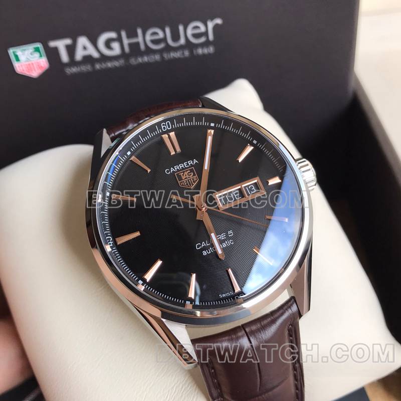 Tag Heuer top replica watches original Carrera black disc gold hand double calendar mechanical brown belt models front real picture