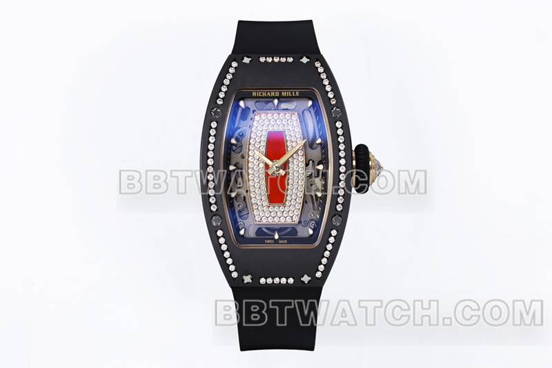 理查德米勒最佳复刻手表ZF厂黑陶瓷红盘镶钻机械手表RM07-1正面实拍图
