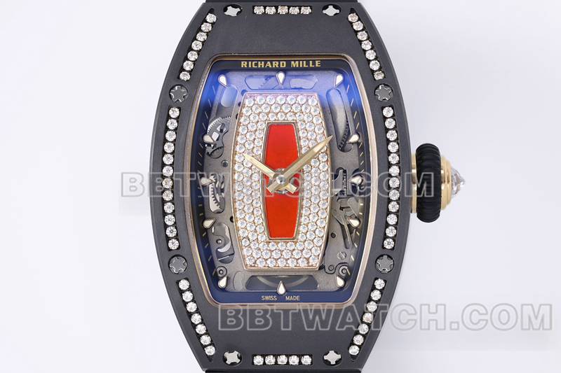 理查德米勒最佳复刻手表ZF厂黑陶瓷红盘镶钻机械手表RM07-1正面实拍图