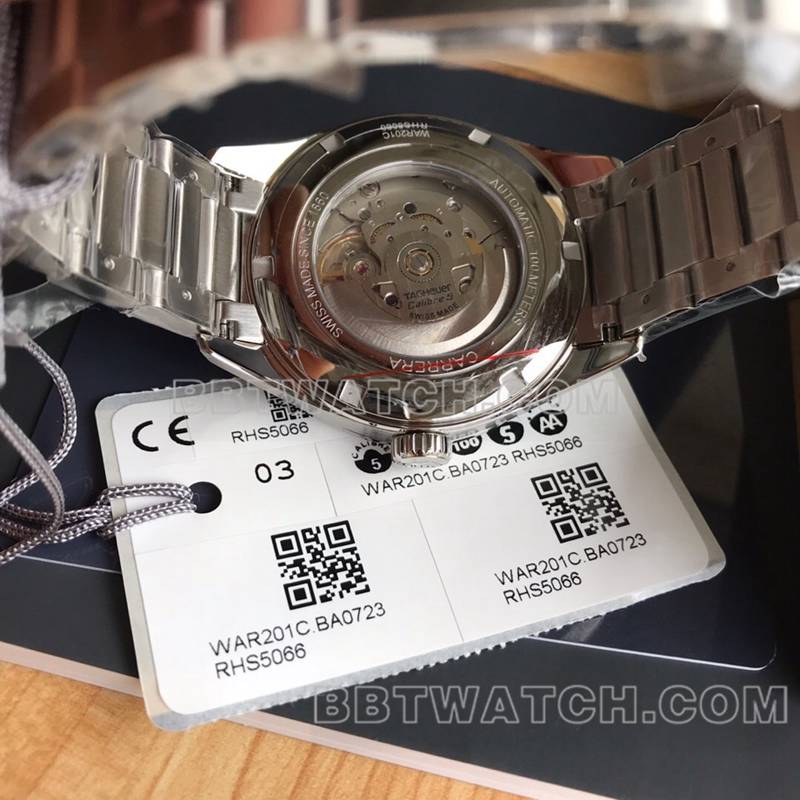 泰格豪雅1:1复刻手表原单卡莱拉黑盘金针双日历机械棕色钢带款背面实拍图