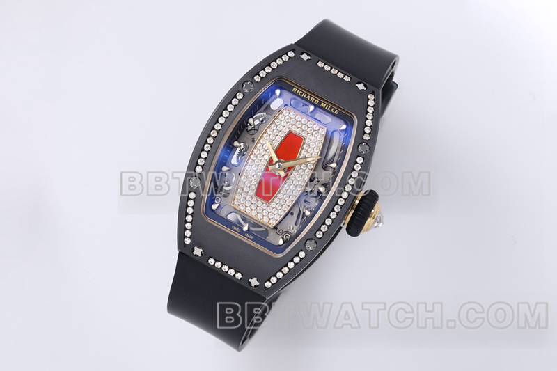 理查德米勒最佳复刻手表ZF厂黑陶瓷红盘镶钻机械手表RM07-1正面实拍图