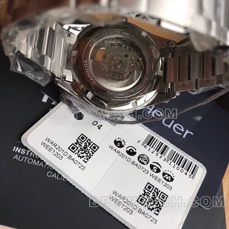 泰格豪雅超级克隆手表原单卡莱拉白盘金针双日历机械棕色钢带款背面实拍图