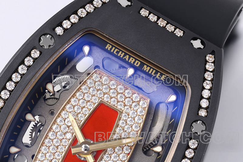 理查德米勒最佳复刻手表ZF厂黑陶瓷红盘镶钻机械手表RM07-1正面实拍图