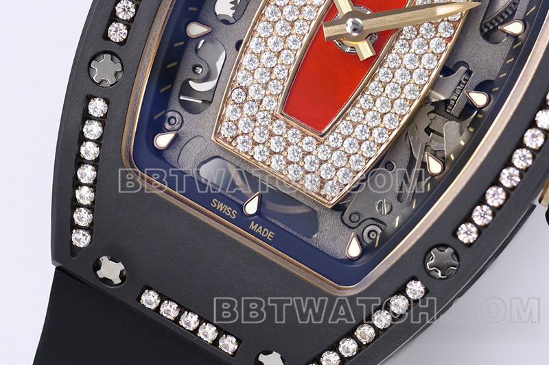 理查德米勒最佳复刻手表ZF厂黑陶瓷红盘镶钻机械手表RM07-1正面实拍图