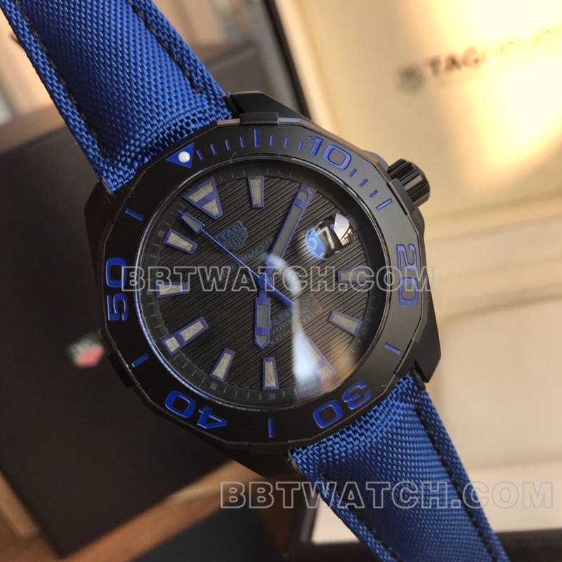 泰格豪雅最优复刻手表原单竞潜黑盘机械蓝色皮带款正面实拍图