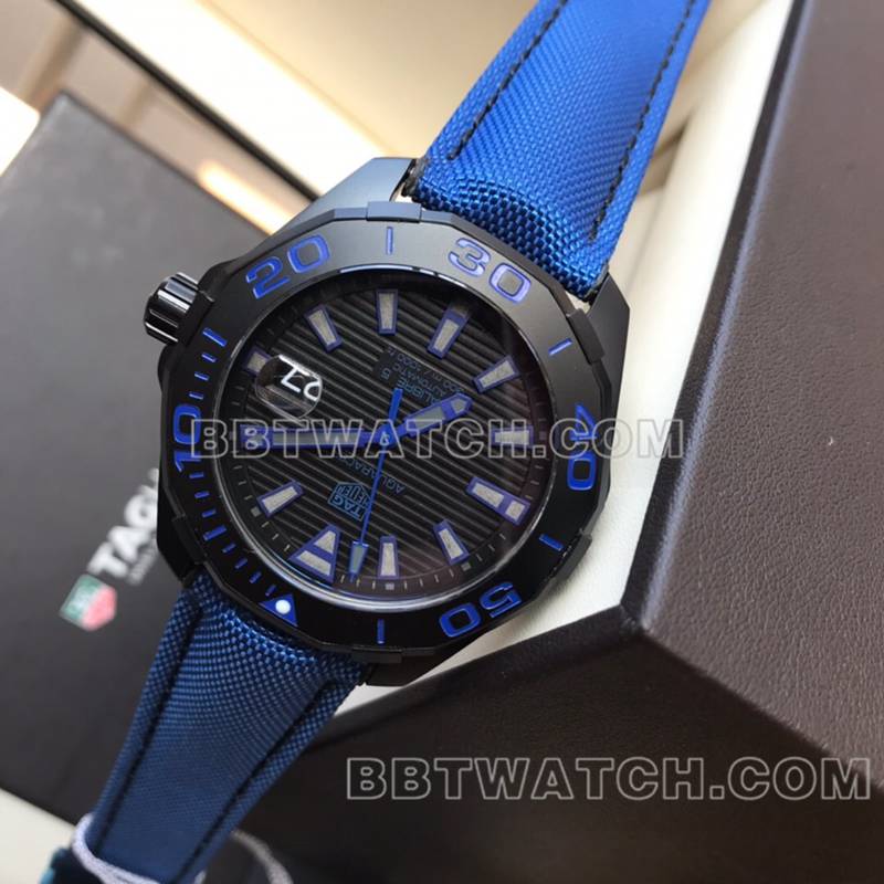 泰格豪雅最优复刻手表原单竞潜黑盘机械蓝色皮带款正面实拍图