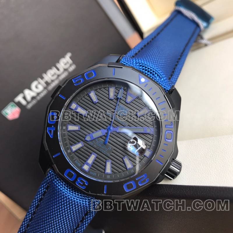 泰格豪雅最优复刻手表原单竞潜黑盘机械蓝色皮带款正面实拍图
