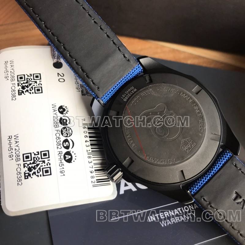 泰格豪雅最优复刻手表原单竞潜黑盘机械蓝色皮带款背面实拍图